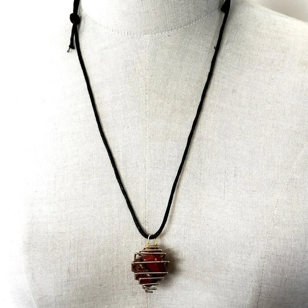 Red jasper gold tone caged pendant necklace